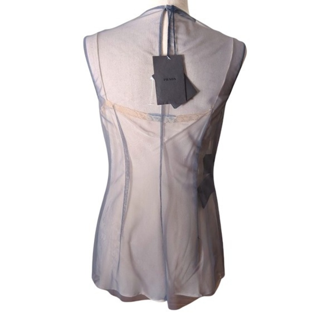 PRADA Embellished Sheer Sleeveless Top Blue Beaded Neckline Womens - Picture 5 of 14